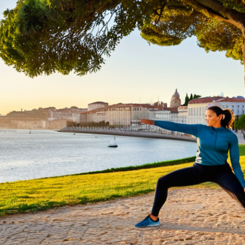 Home 6 A fit adult woman, fully clothed in modest, athletic activewear, performing a bodyweight lunge with perfect form in a scenic Lisbon park. The background features the Tagus River and historic buildings, bathed in soft golden hour light. The natural pose showcases correct proportions, well-formed hands, and natural body proportions. This high-quality, professional photograph ensures appropriate content, is safe for work, and is family-friendly.