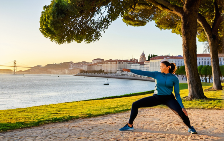 A fit adult woman, fully clothed in modest, athletic activewear, performing a bodyweight lunge with perfect form in a scenic Lisbon park. The background features the Tagus River and historic buildings, bathed in soft golden hour light. The natural pose showcases correct proportions, well-formed hands, and natural body proportions. This high-quality, professional photograph ensures appropriate content, is safe for work, and is family-friendly.