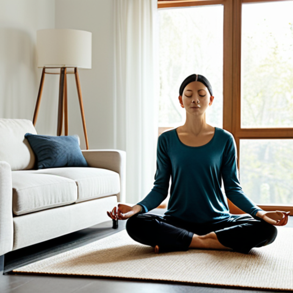 A serene woman, fully clothed in modest, comfortable attire, meditates peacefully in a minimalist, sunlit living room. The space is immaculately tidy with only essential, well-chosen furniture and natural light filtering through large windows, creating a calming atmosphere. Her posture is natural, conveying deep tranquility and mental clarity. This image emphasizes the profound peace found in a clutter-free environment. Perfect anatomy, correct proportions, natural pose, well-formed hands, proper finger count, natural body proportions, professional photography, high quality, safe for work, appropriate content, fully clothed, family-friendly.