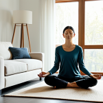 A serene woman, fully clothed in modest, comfortable attire, meditates peacefully in a minimalist, sunlit living room. The space is immaculately tidy with only essential, well-chosen furniture and natural light filtering through large windows, creating a calming atmosphere. Her posture is natural, conveying deep tranquility and mental clarity. This image emphasizes the profound peace found in a clutter-free environment. Perfect anatomy, correct proportions, natural pose, well-formed hands, proper finger count, natural body proportions, professional photography, high quality, safe for work, appropriate content, fully clothed, family-friendly.