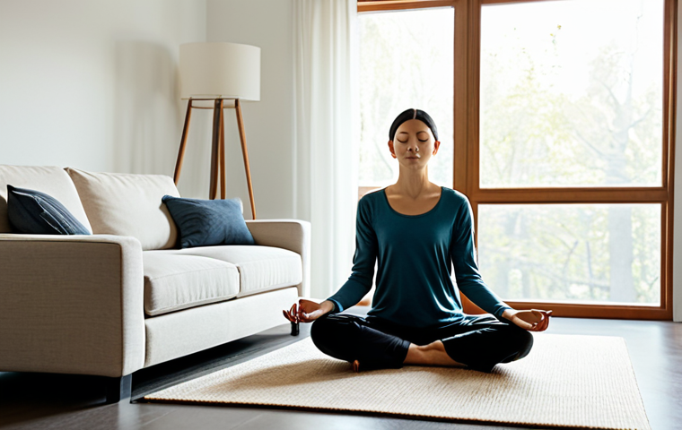 A serene woman, fully clothed in modest, comfortable attire, meditates peacefully in a minimalist, sunlit living room. The space is immaculately tidy with only essential, well-chosen furniture and natural light filtering through large windows, creating a calming atmosphere. Her posture is natural, conveying deep tranquility and mental clarity. This image emphasizes the profound peace found in a clutter-free environment. Perfect anatomy, correct proportions, natural pose, well-formed hands, proper finger count, natural body proportions, professional photography, high quality, safe for work, appropriate content, fully clothed, family-friendly.