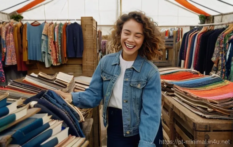 미니멀라이프 중고 제품 활용 - **A joyful young woman discovers a vintage treasure in a bustling, sun-drenched second-hand market.*...