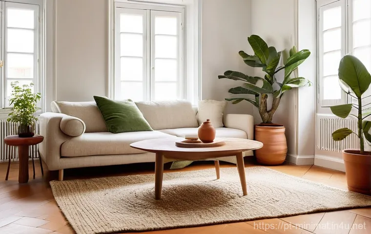 미니멀라이프 최소한의 물건으로 집 꾸미기 - **Prompt:** A cozy, inviting minimalist living room in a modern Portuguese apartment, bathed in soft...