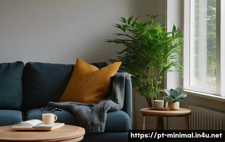 미니멀라이프 정신적 정리 - **Prompt:** A serene, cozy indoor setting, bathed in soft, warm natural light filtering through a wi...