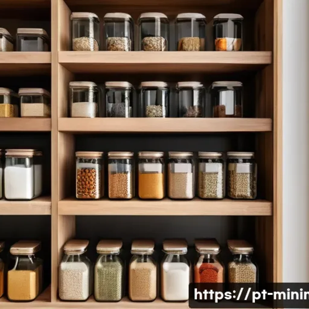 미니멀라이프 음식 준비 - A neatly organized pantry with transparent glass jars labeled by categories such as grains, spices, ...