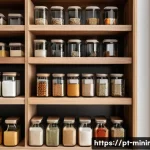 Home 20 미니멀라이프 음식 준비 - A neatly organized pantry with transparent glass jars labeled by categories such as grains, spices, ...