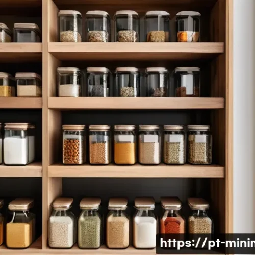 Home 32 미니멀라이프 음식 준비 - A neatly organized pantry with transparent glass jars labeled by categories such as grains, spices, ...
