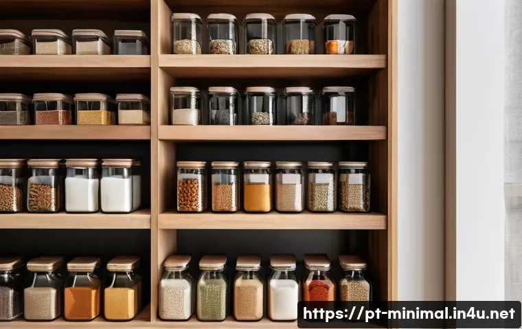 미니멀라이프 음식 준비 - A neatly organized pantry with transparent glass jars labeled by categories such as grains, spices, ...