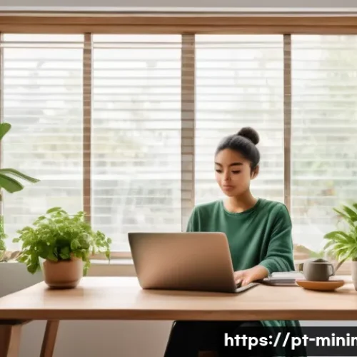 Home 30 미니멀라이프 디지털 미니멀리즘 - A serene home office scene showing a young professional seated at a minimalist wooden desk, using a ...