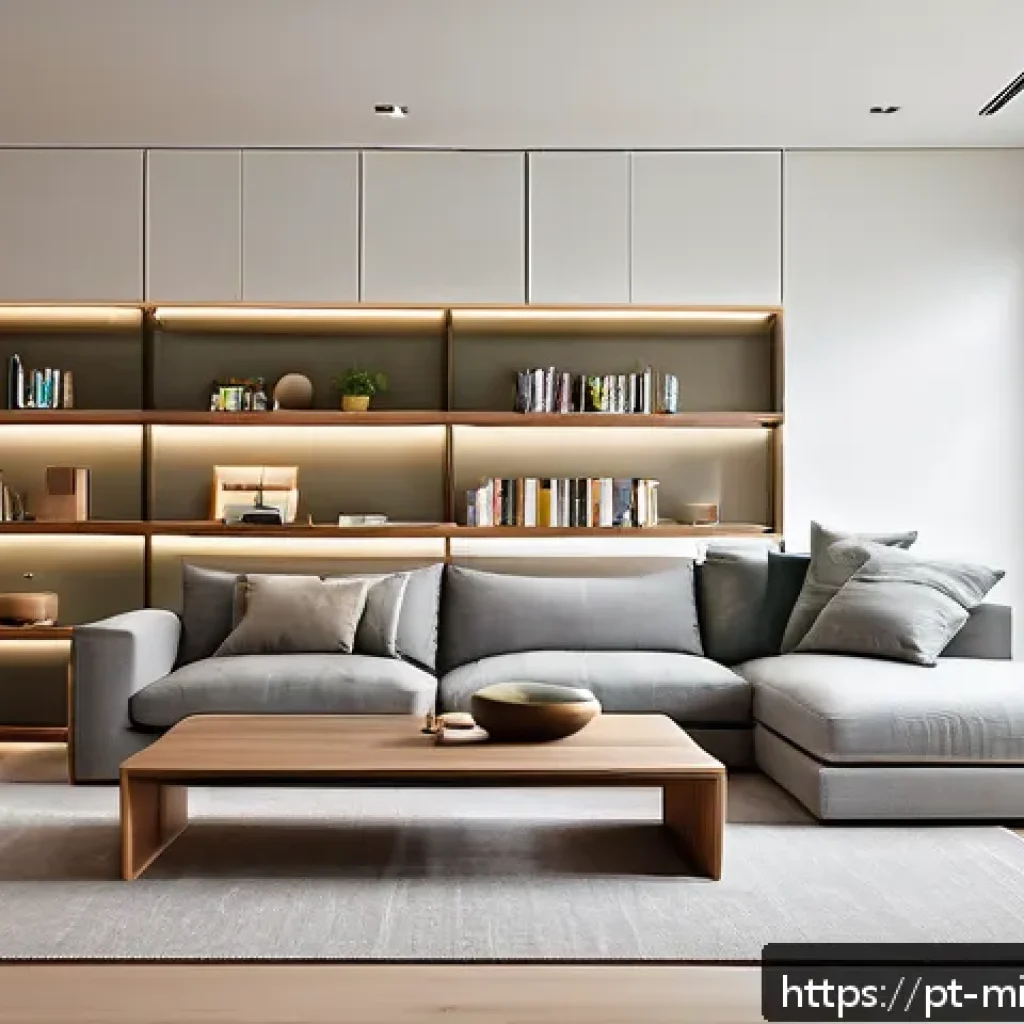 미니멀라이프 공간 정리 아이템 - A modern minimalist living room featuring built-in floating shelves with clean straight lines, decor...