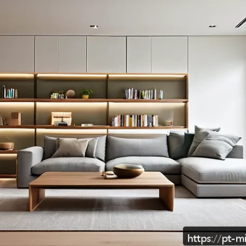Home 17 미니멀라이프 공간 정리 아이템 - A modern minimalist living room featuring built-in floating shelves with clean straight lines, decor...