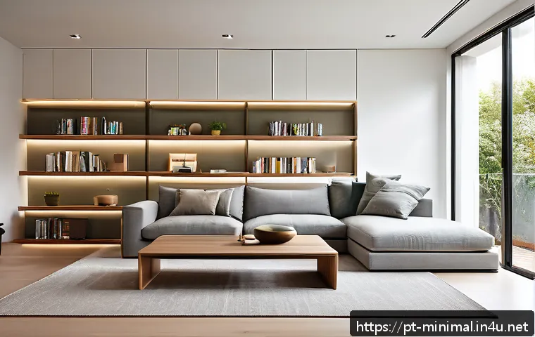미니멀라이프 공간 정리 아이템 - A modern minimalist living room featuring built-in floating shelves with clean straight lines, decor...