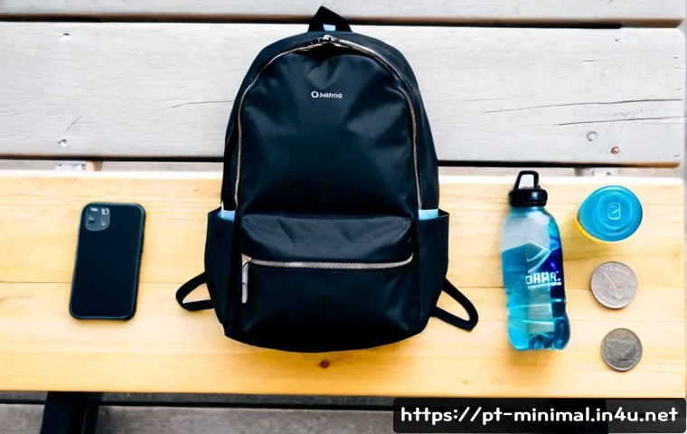 미니멀라이프 외출 준비물 리스트 - Photorealistic minimalist outing essentials arranged neatly on a light wood entryway bench: compact ...